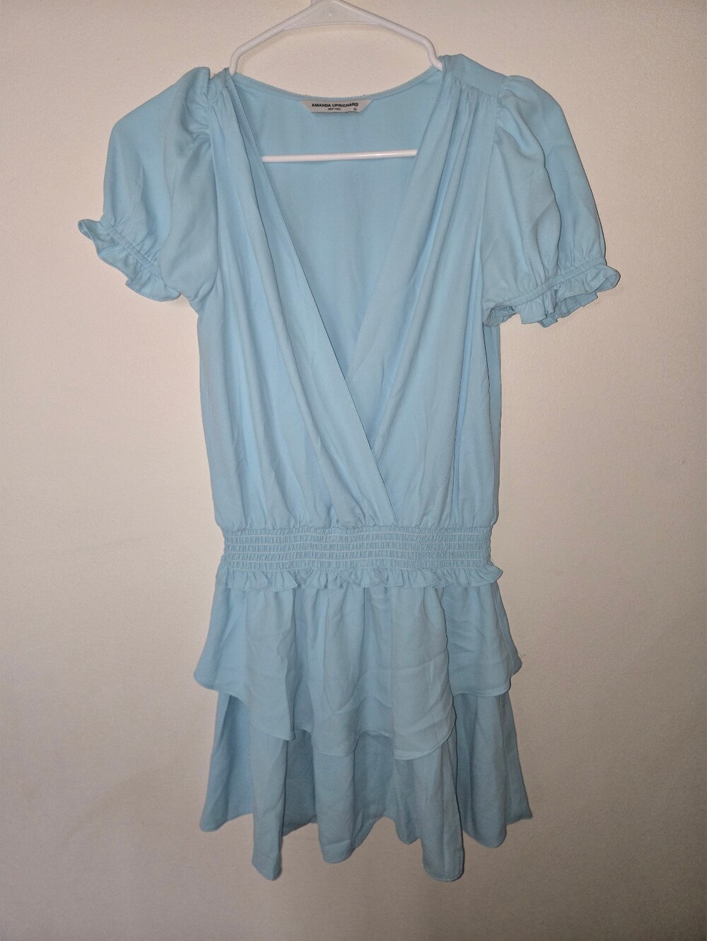 Amanda Uprichard Velma Tiered Smocked Mini Dress Light Blue